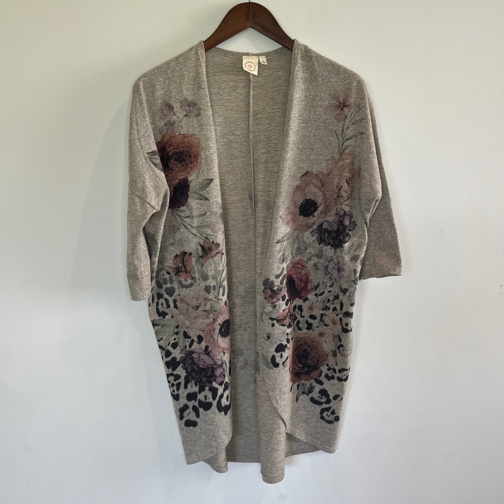 Live In The Moment Grey Floral Leopard Open Front Cardigan Small Boho Layering